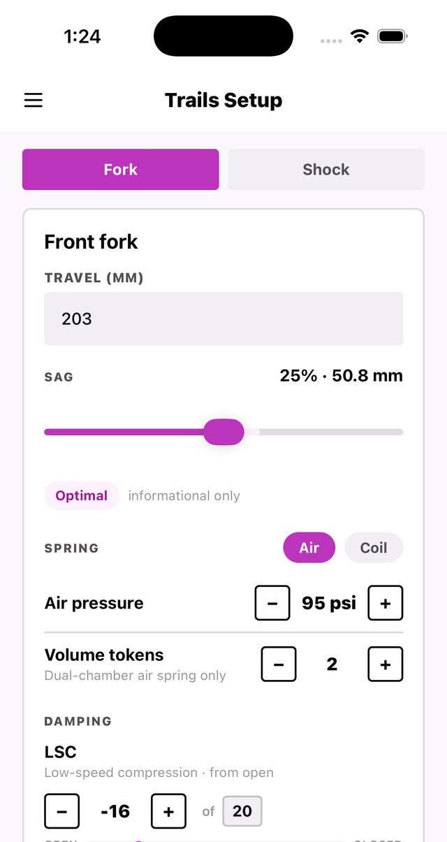 MTB DamperLab app screenshot showing fork sag and air pressure tuning